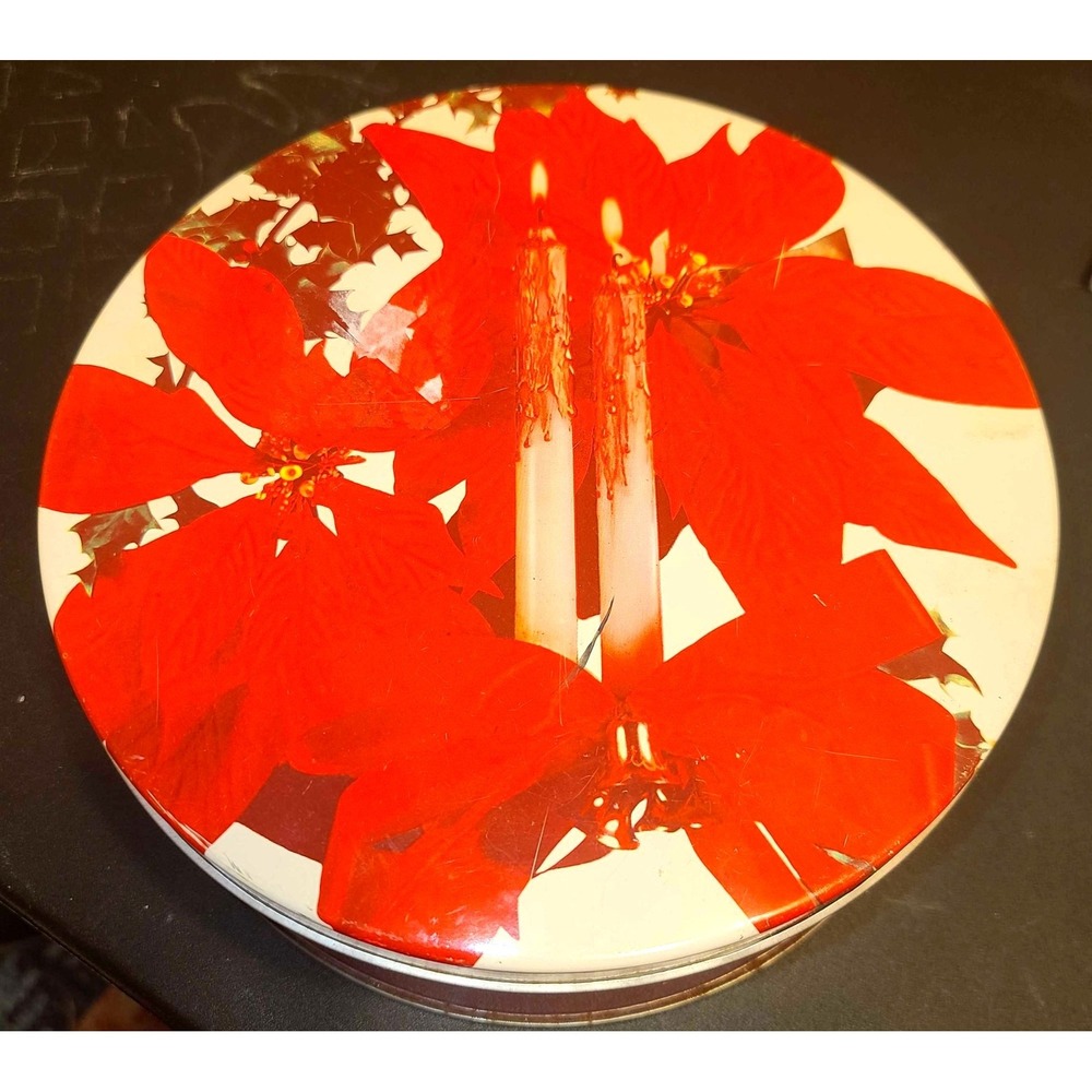 1950's Christmas Cookie Tin White Background Red Poinsettia White Candles 8" Rd